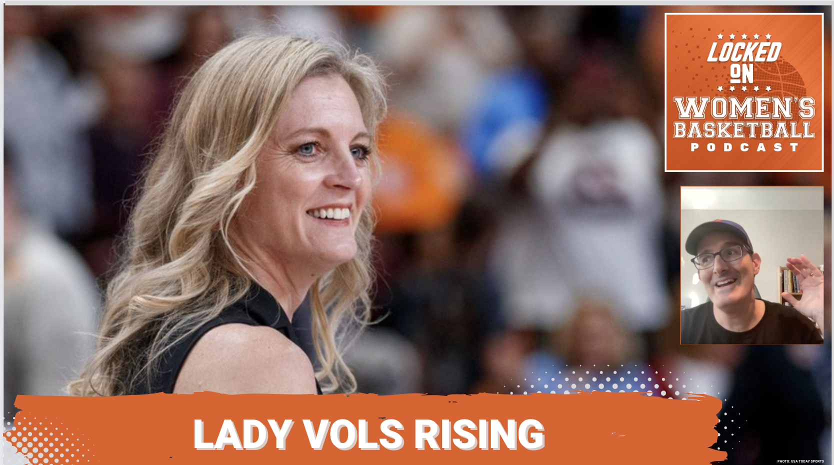 Graphic with photo of Kellie Harper smiling, text that reads "Lady Vols Rising"